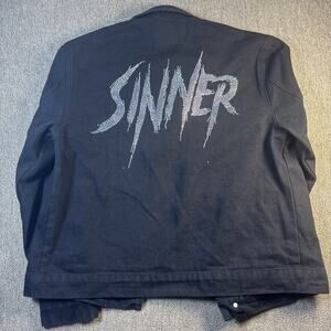 Smoke & Ash Black Denim Jacket Distressed Rhinestone SINNER Back Men’s Size M